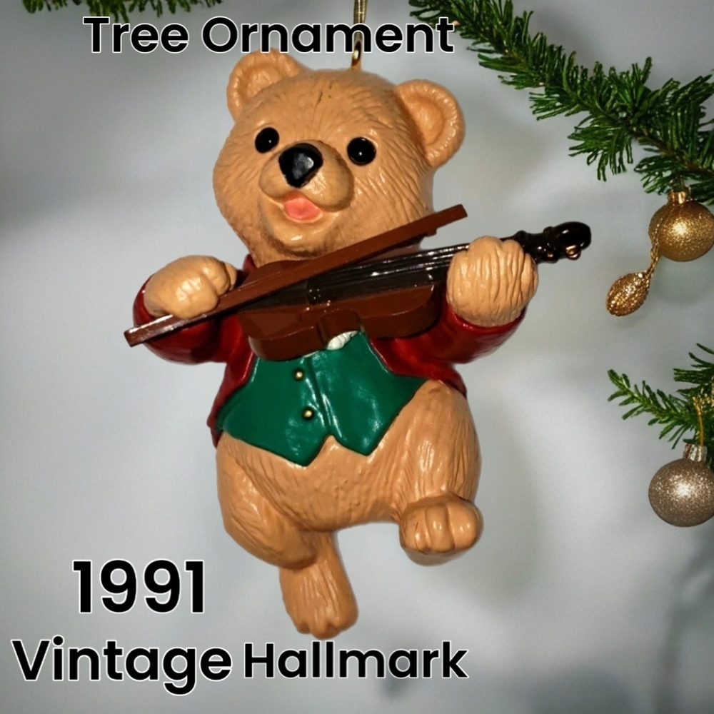 Vintage 1991 Hallmark Fiddlin Around Bear Tree Ornament